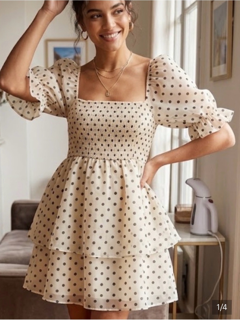 English Factory Cream Polka Dot Puff Sleeve Tiered Dress. NWT.